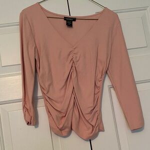 Express Light Pink Ruched V-Neck Long Sleeve Top
